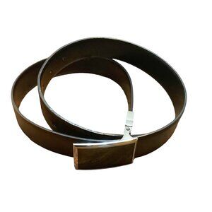 Leather Blend Dark Brown Belt Men Waist 29"-33" Silver Outline Rectangle Buckle